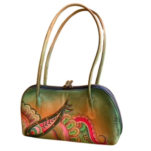Anuschka Hand-Painted Leather Shoulder Bag Paisley Floral Green Pink Boho NWOT - Picture 1 of 9